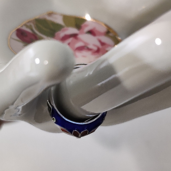 Vintage Chinese Export Cloisonne Sterling Silver Adjustable Ring - Picture 9 of 12